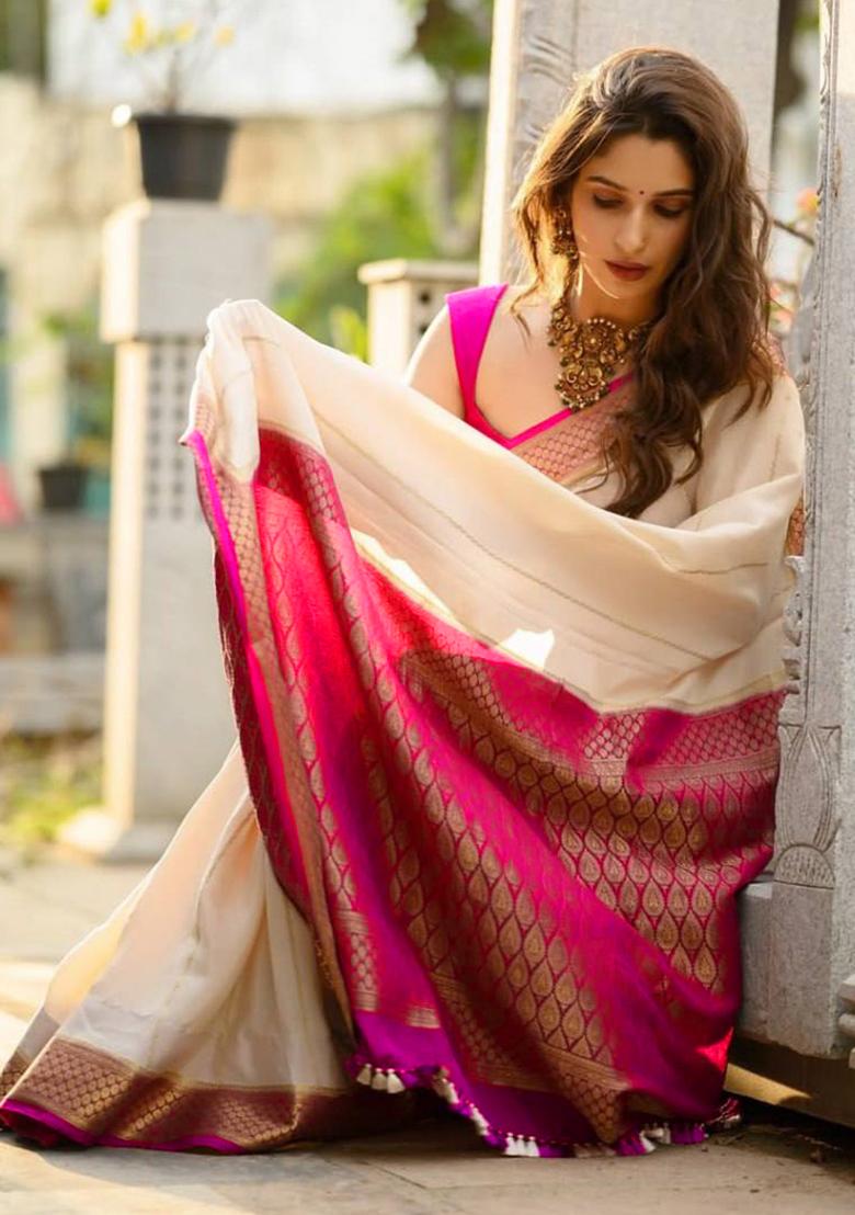 Off White Jacquard Work Soft Lichi Silk Saree Set