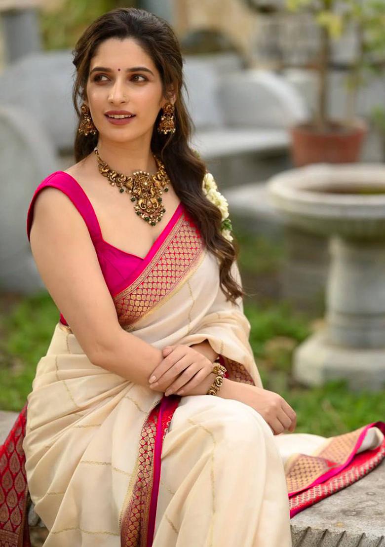 Off White Jacquard Work Soft Lichi Silk Saree Set