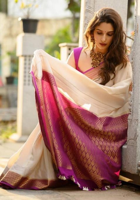 Off White Jacquard Work Soft Lichi Silk Saree Set