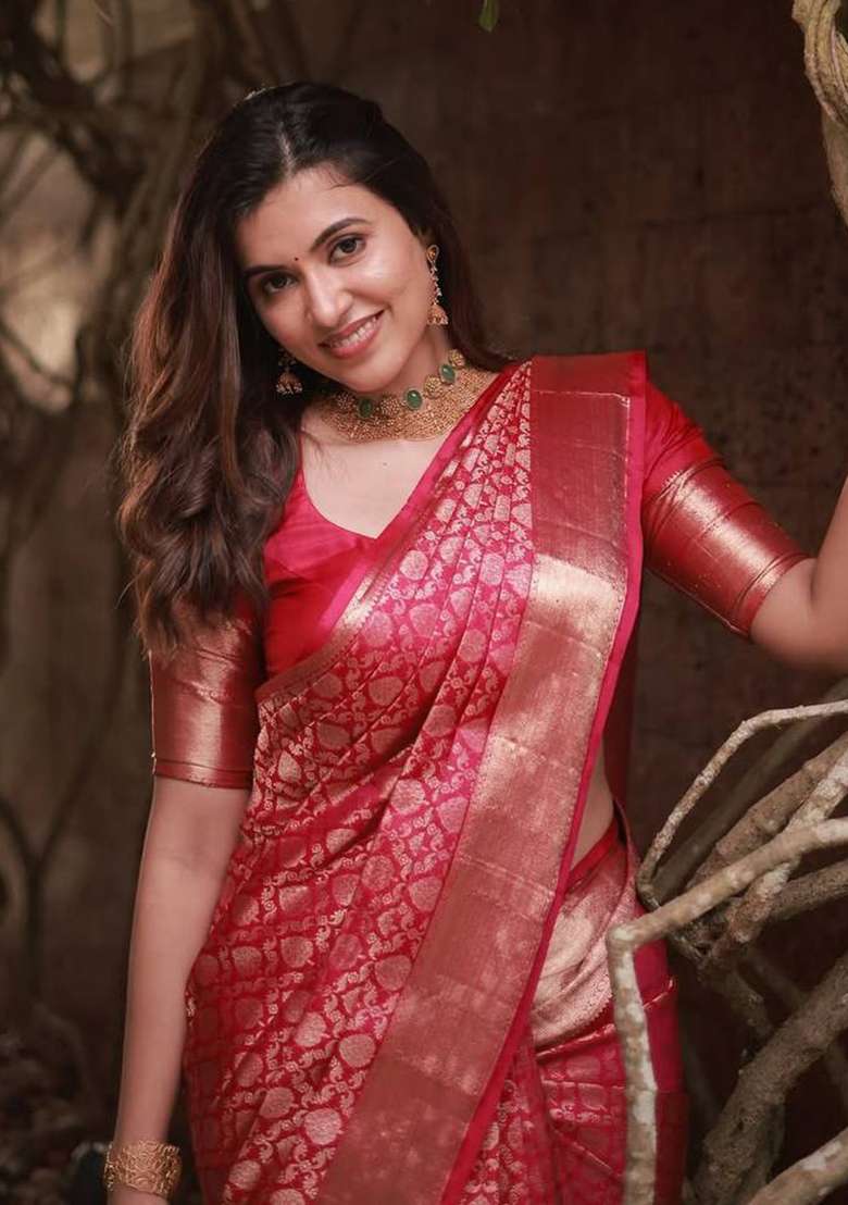 Pink Jacquard Work Soft Lichi Silk Saree Set for Diwali and Festive Wear - Indya