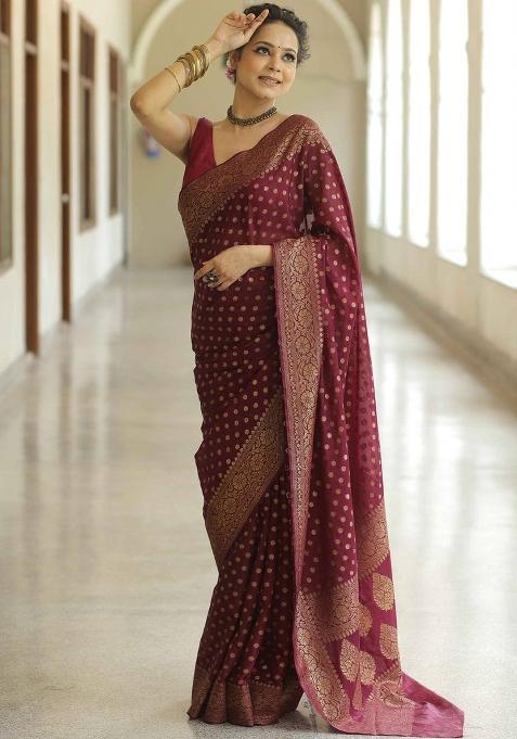 Maroon Jacquard Work Soft Lichi Silk Saree Set