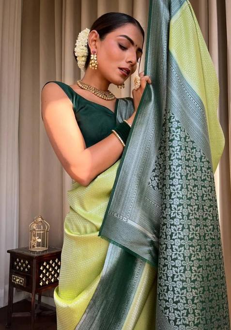 Pista Green Jacquard Work Soft Lichi Silk Saree Set