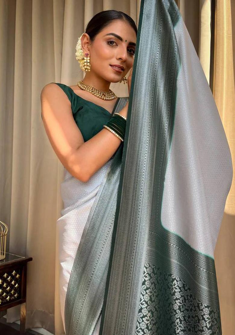 White Jacquard Work Soft Lichi Silk Saree Set