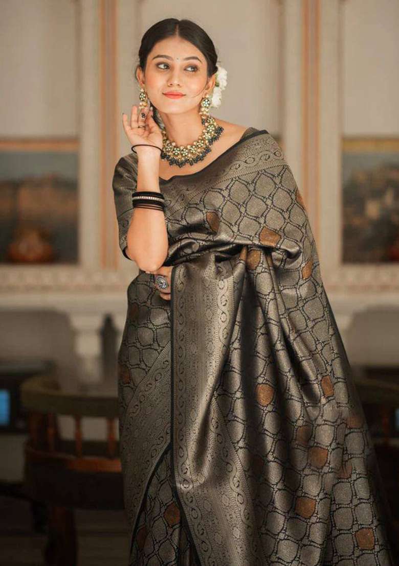 Black Work Soft Lichi Silk Jacquard Saree Set for Diwali | Wedding & Festive Wear - Indya