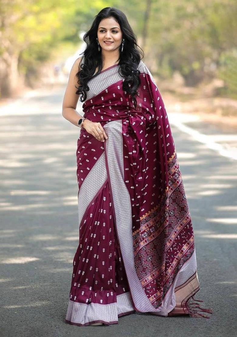 Wine Jacquard Work Soft Lichi Silk Saree Set