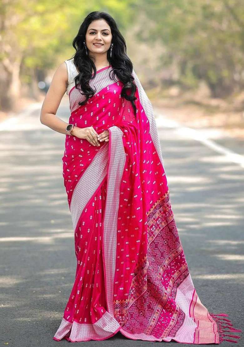Pink Work Soft Lichi Silk Jacquard Saree Set for Diwali | Wedding & Festive Wear - Indya