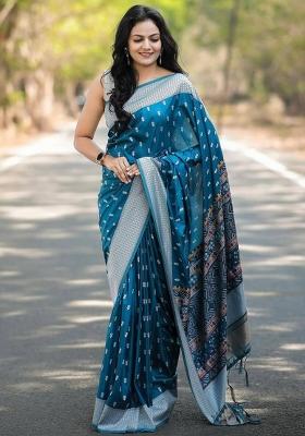 Petrol Blue Jacquard Work Soft Lichi Silk Saree Set