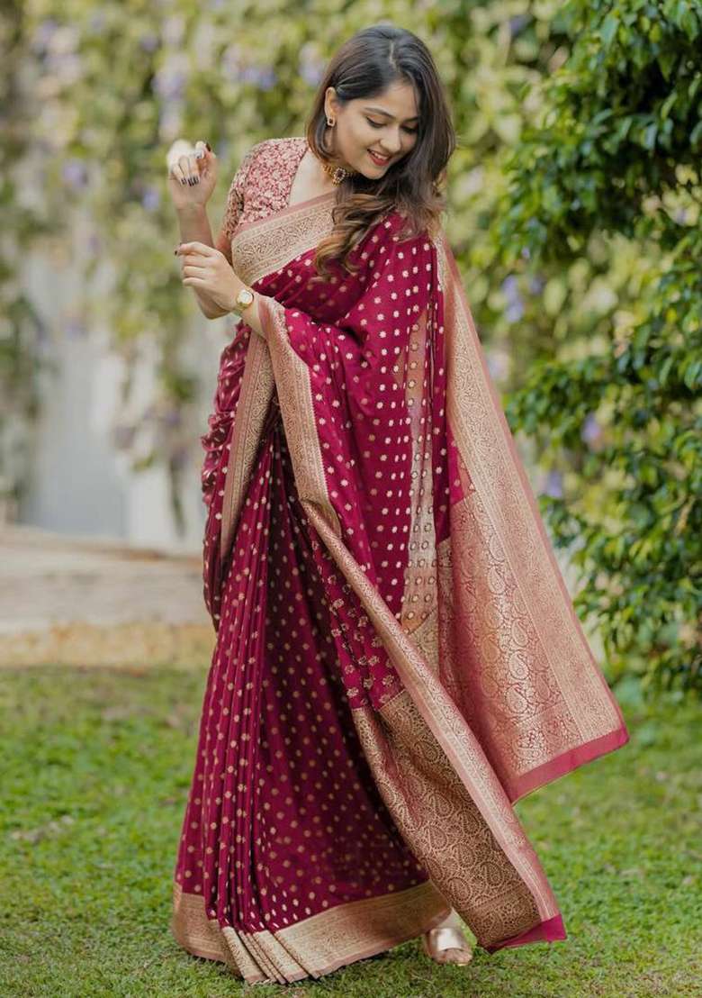 Maroon Work Soft Lichi Silk Jacquard Saree Set for Diwali | Wedding & Festive Wear - Indya