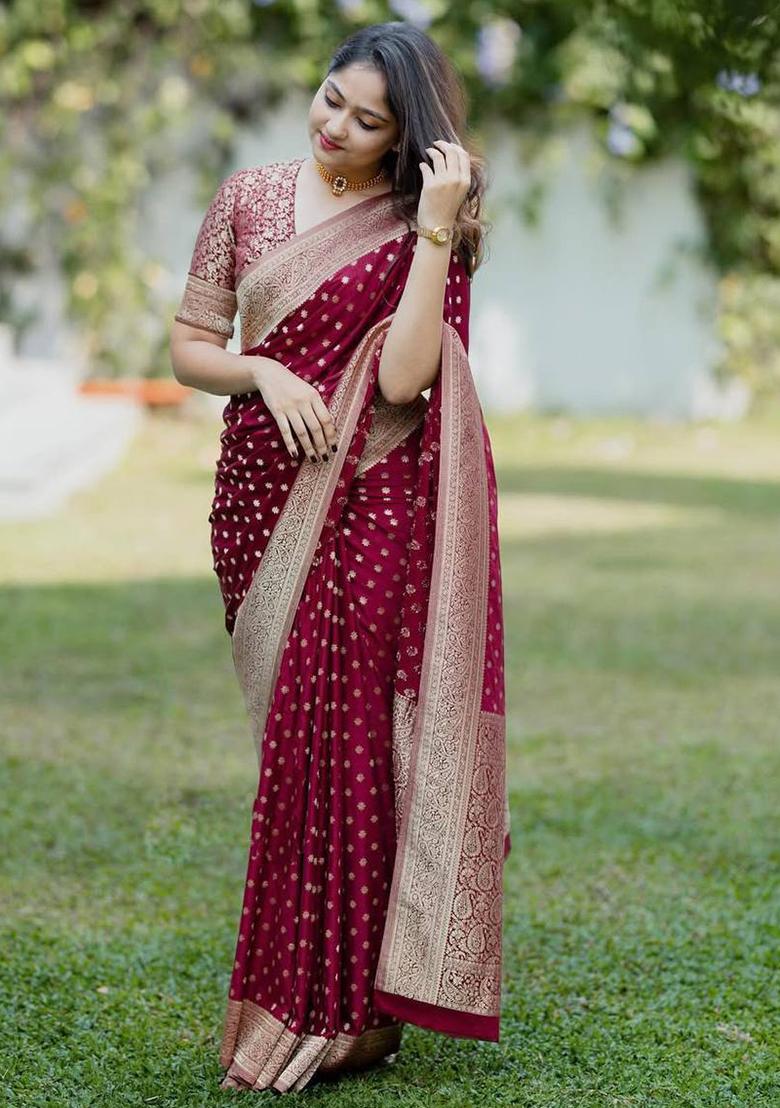 Maroon Jacquard Work Soft Lichi Silk Saree Set