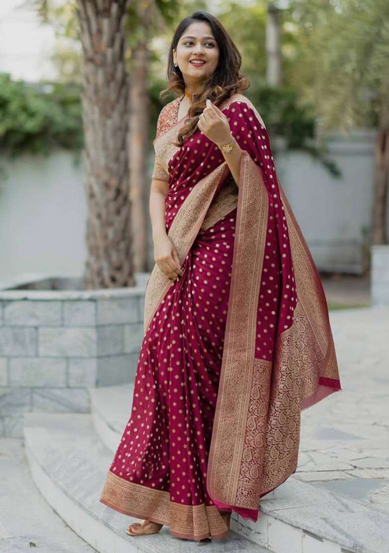 Maroon Work Soft Lichi Silk Jacquard Saree Set for Diwali | Wedding & Festive Wear - Indya