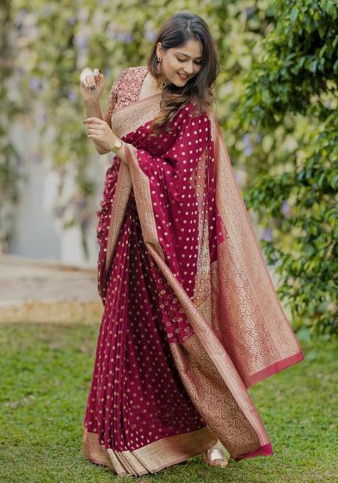 Maroon Jacquard Work Soft Lichi Silk Saree Set