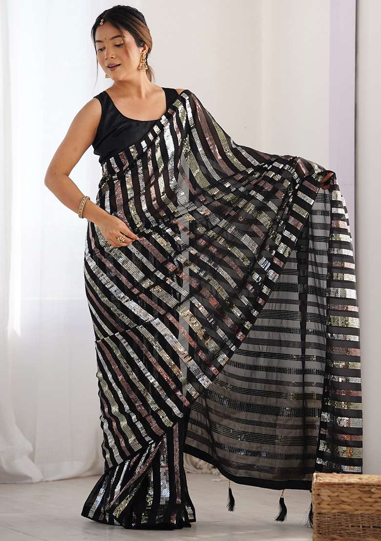 Black Sequance Georgette Saree Set for Diwali and Festive Wear - Indya
