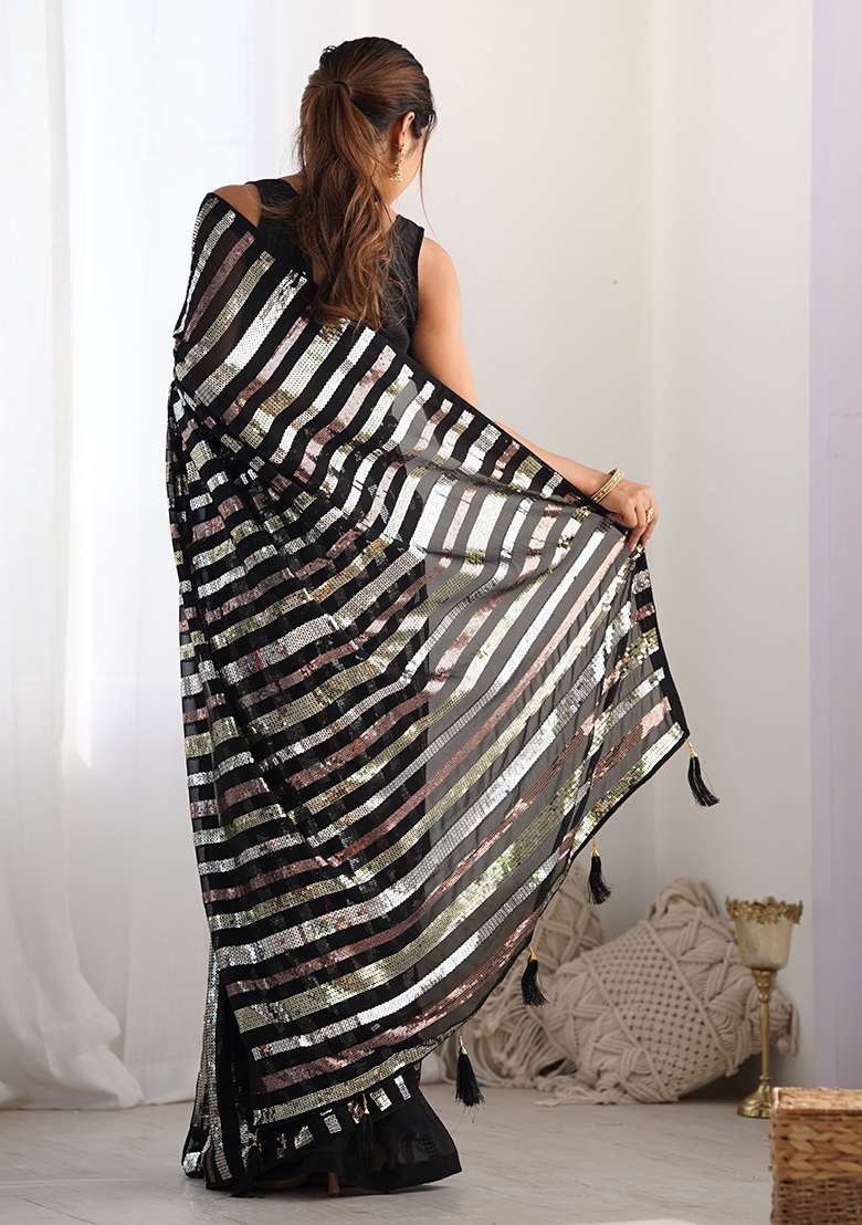 Black Sequance Georgette Saree Set for Diwali and Festive Wear - Indya