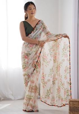 White Printed Chiffon Saree Set