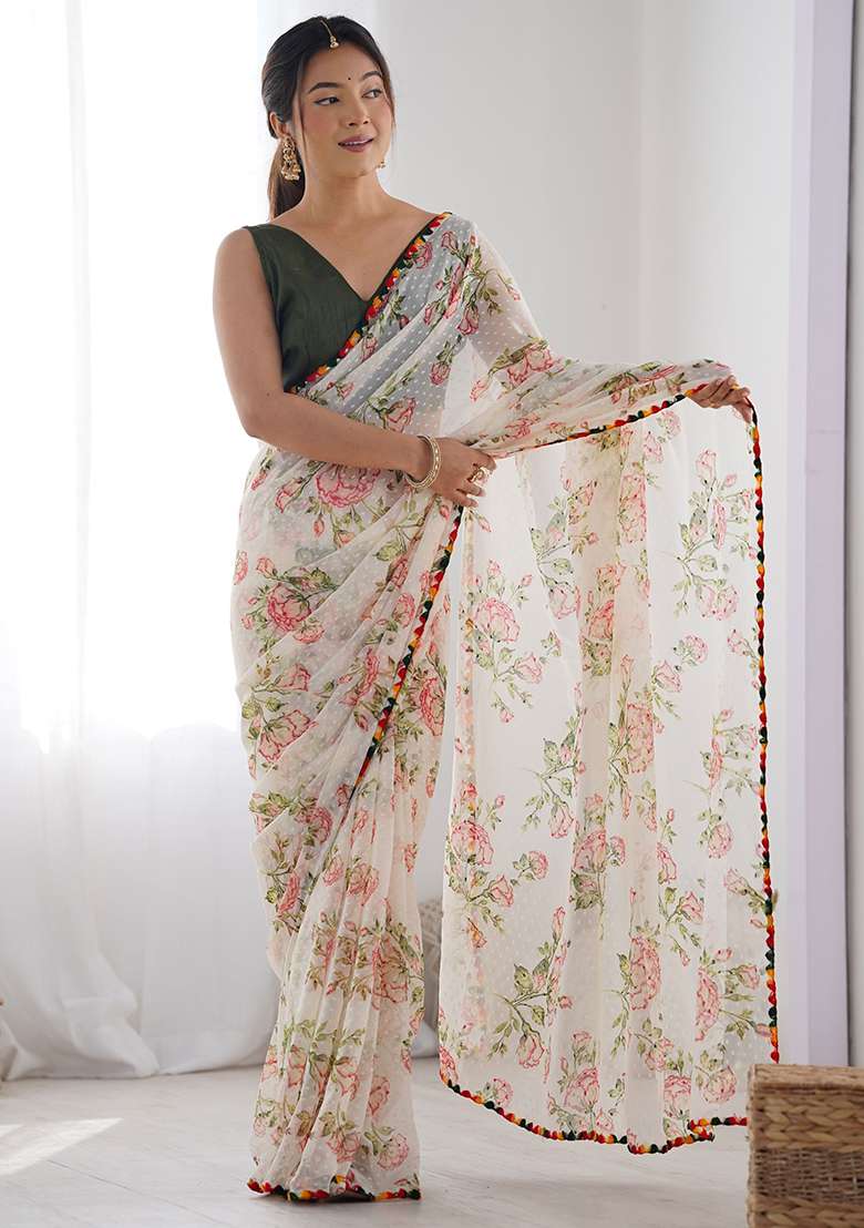 White Printed Chiffon Saree Set for Diwali and Festive Wear - Indya