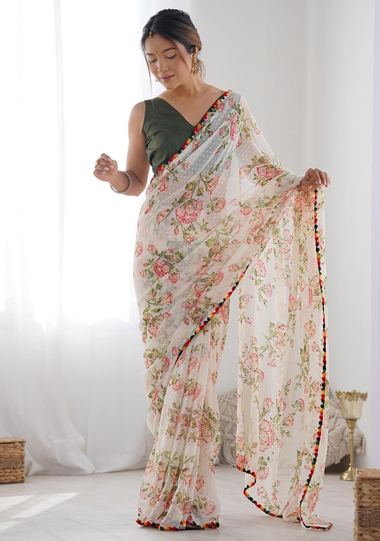 White Printed Chiffon Saree Set