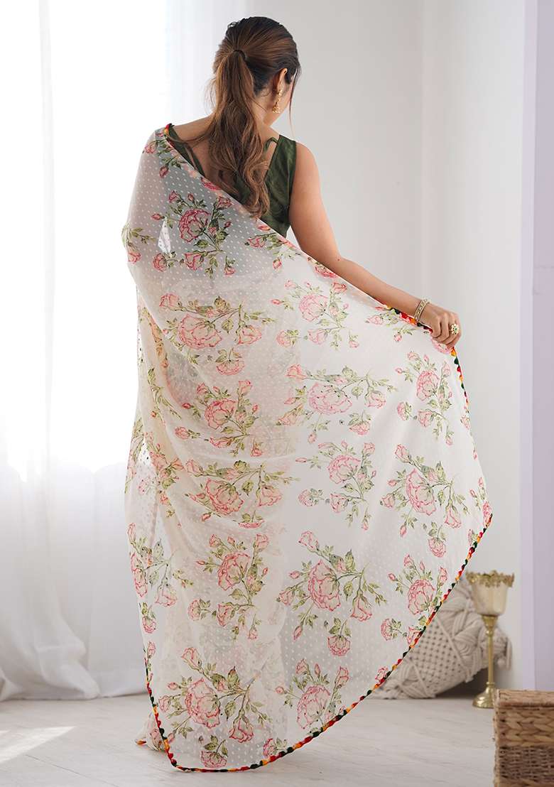 White Printed Chiffon Saree Set for Diwali and Festive Wear - Indya