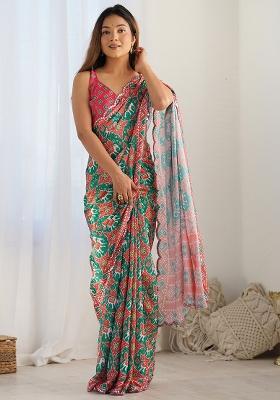 Green Mirror Work Chinnon Saree Set