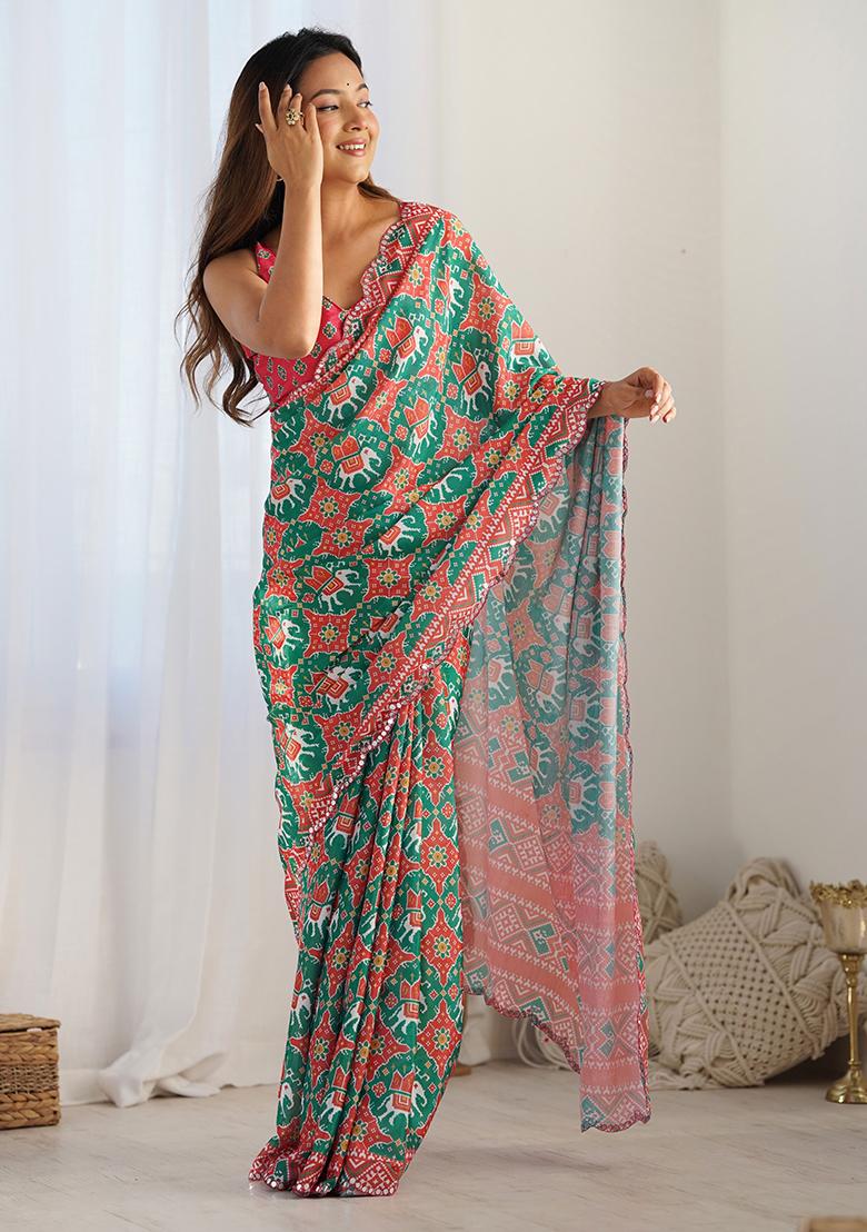 Green Mirror Work Chinnon Saree Set