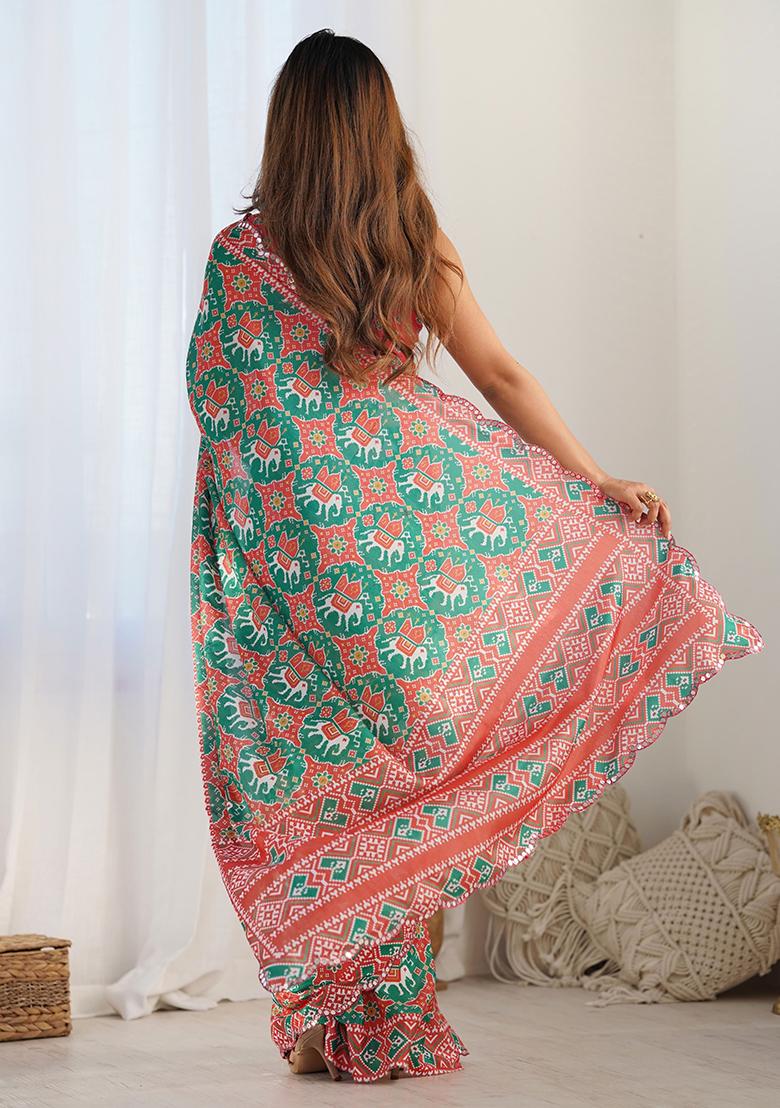 Green Mirror Work Chinnon Saree Set