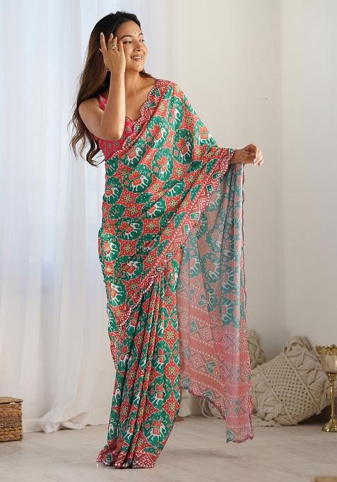 Green Mirror Work Chinnon Saree Set