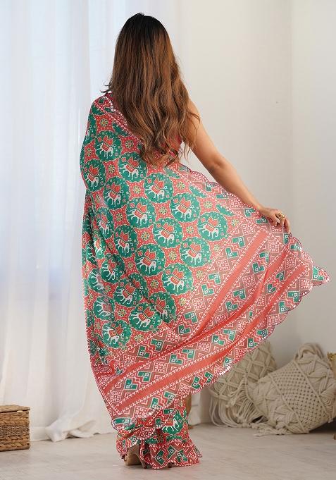 Green Mirror Work Chinnon Saree Set