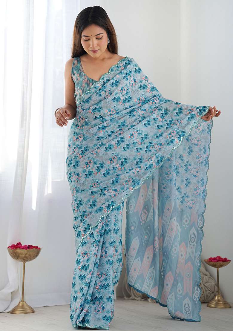Sky Blue Chinnon Saree Set with Mirror Work for Diwali | Wedding & Festive Wear - Indya