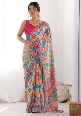 Multi Colour Mirror Work Chinnon Saree Set