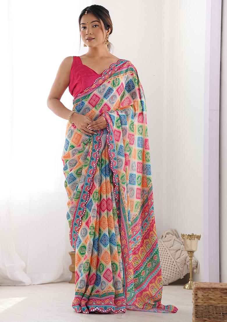 Multi Colour Mirror Work Chinnon Saree Set