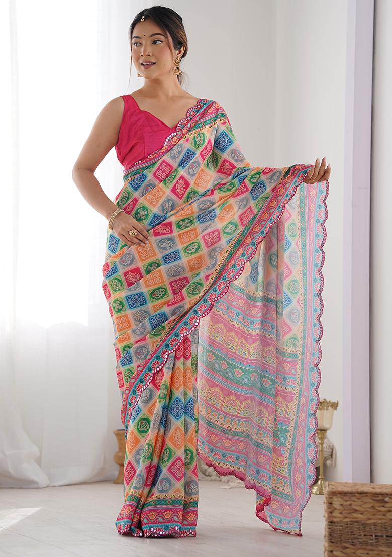 Multi Colour Mirror Work Chinnon Saree Set