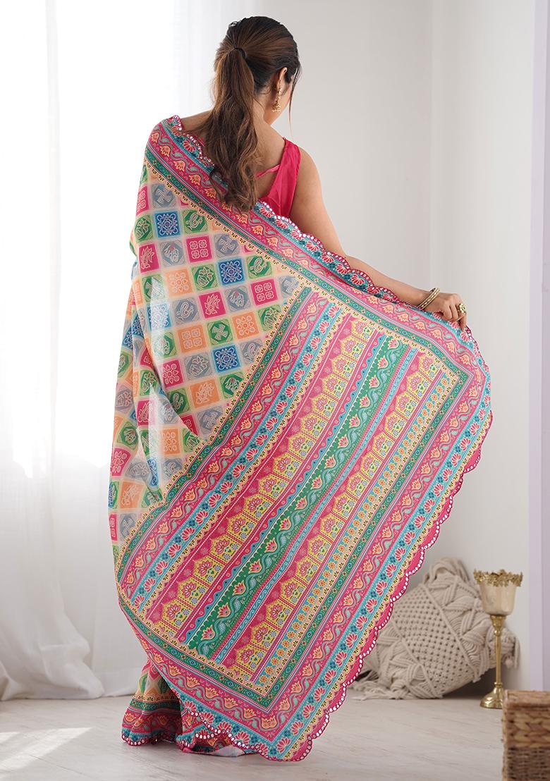 Multi Colour Mirror Work Chinnon Saree Set