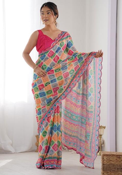 Multi Colour Mirror Work Chinnon Saree Set