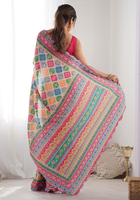 Multi Colour Mirror Work Chinnon Saree Set