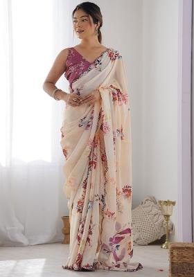 Cream Mirror Work Chinnon Saree Set