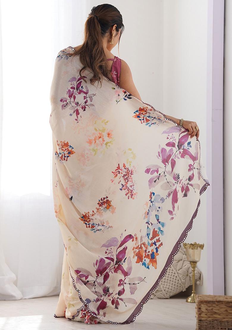 Cream Mirror Work Chinnon Saree Set