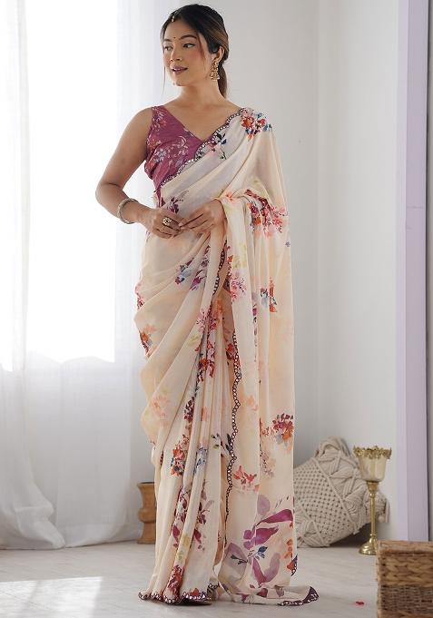 Cream Mirror Work Chinnon Saree Set