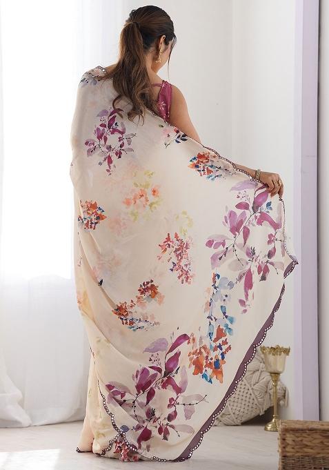 Cream Mirror Work Chinnon Saree Set