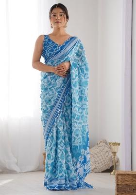 Sky Blue Mirror Work Chinnon Saree Set