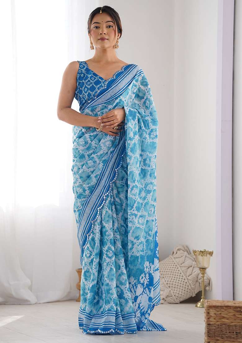 Sky Blue Chinnon Saree Set with Mirror Work for Diwali | Wedding & Festive Wear - Indya
