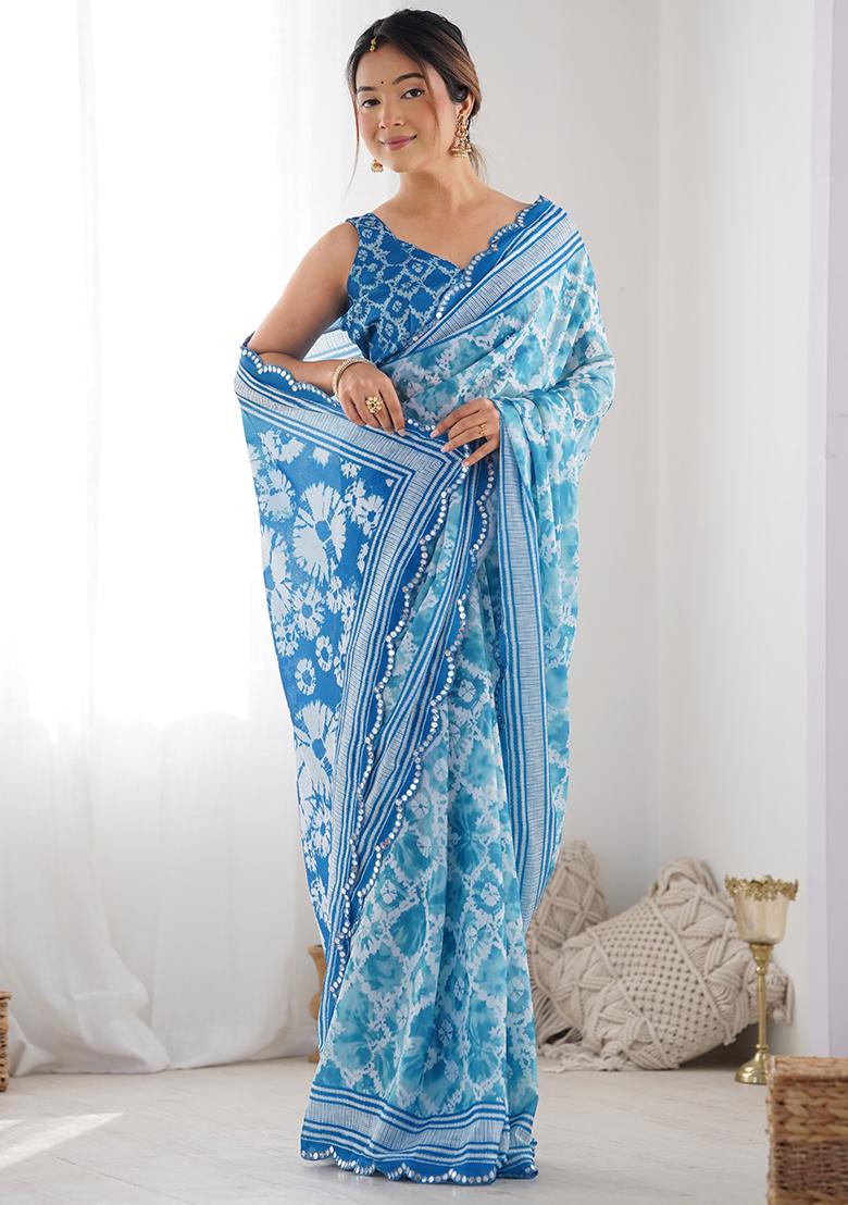 Sky Blue Mirror Work Chinnon Saree Set