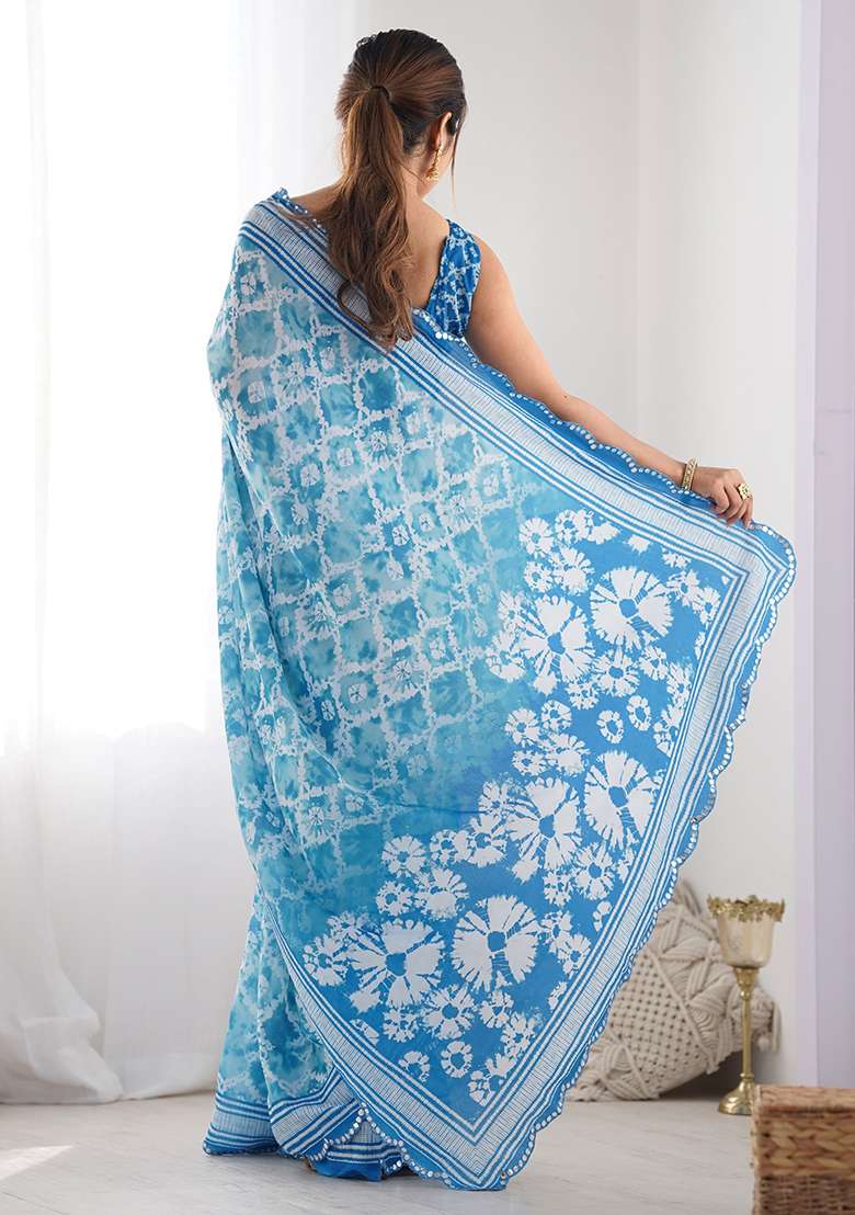 Sky Blue Chinnon Saree Set with Mirror Work for Diwali | Wedding & Festive Wear - Indya