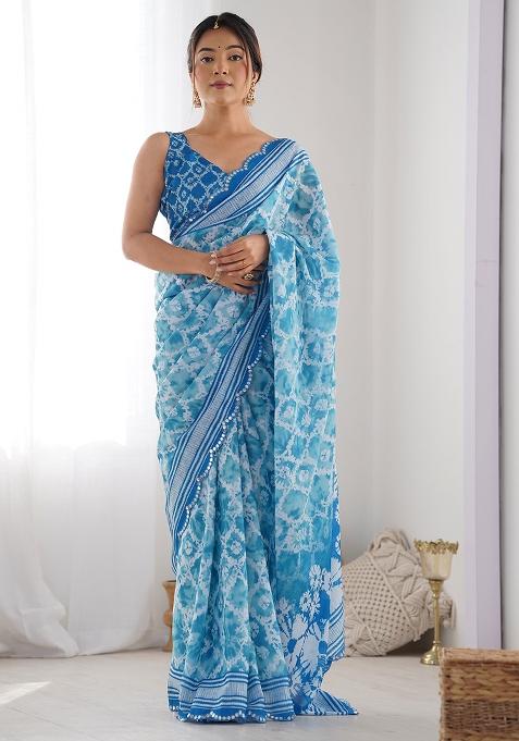 Sky Blue Mirror Work Chinnon Saree Set