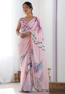 Pink Mirror Work Chinnon Saree Set