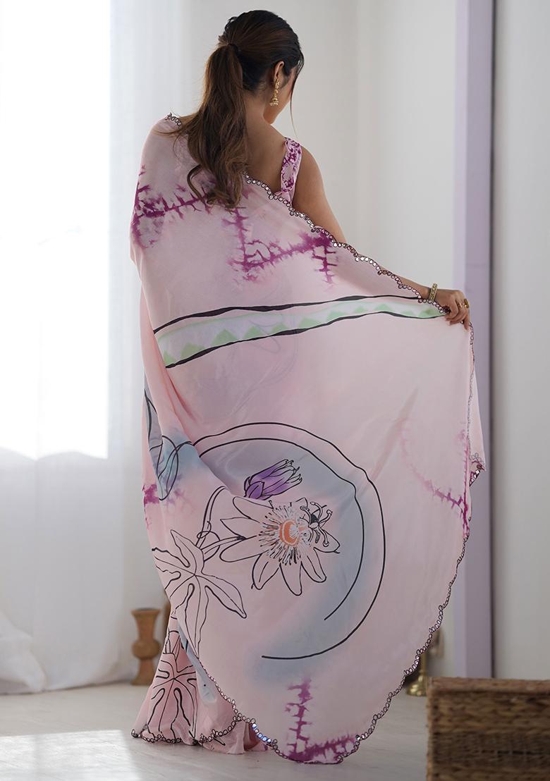 Pink Mirror Work Chinnon Saree Set