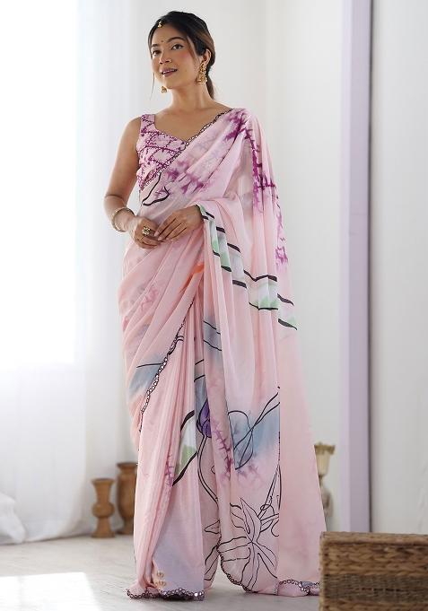 Pink Mirror Work Chinnon Saree Set