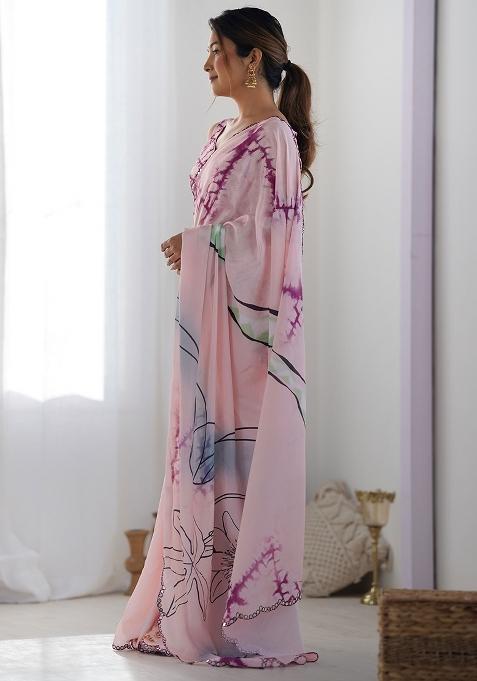 Pink Mirror Work Chinnon Saree Set