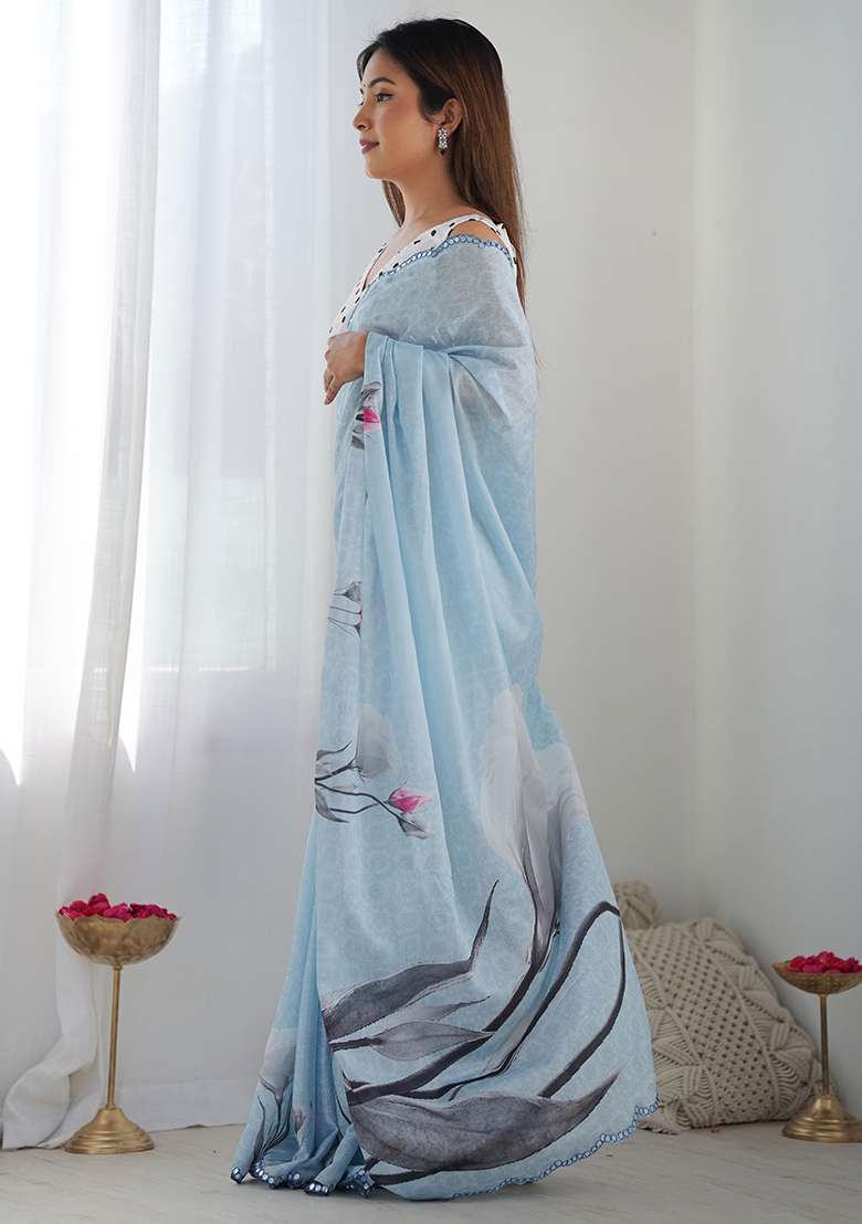 Sky Blue Mirror Work Chinnon Saree Set for Diwali and Festive Wear - Indya