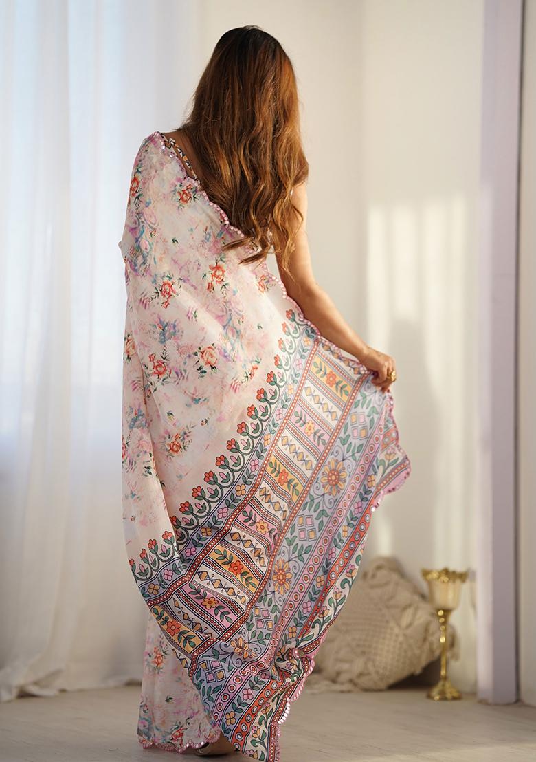 Cream Mirror Work Chinnon Saree Set