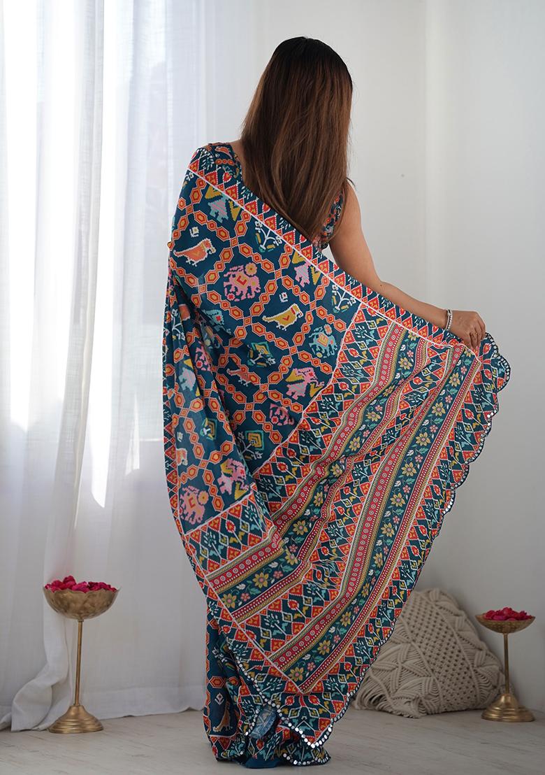 Multi Colour Mirror Work Chinnon Saree Set