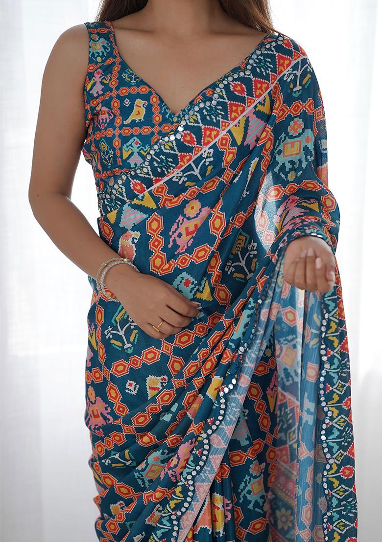 Multi Colour Mirror Work Chinnon Saree Set
